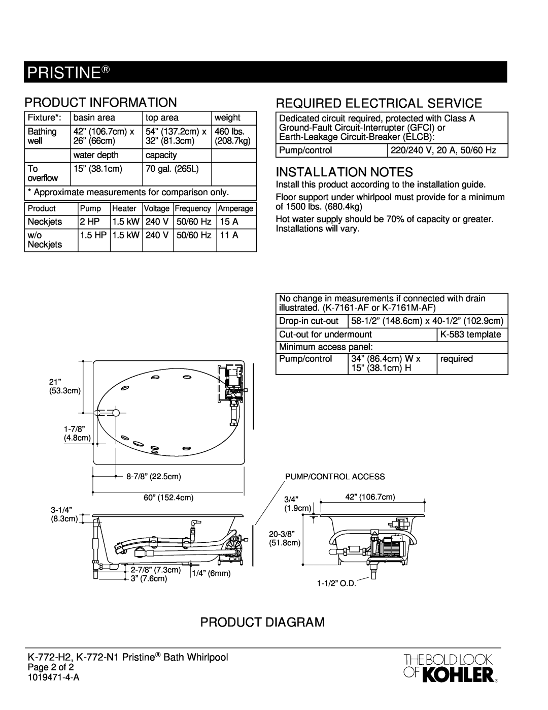 Kohler K-772-H2, K-9696 Product Information, Required Electrical Service, Installation Notes, Product Diagram, Pristine 