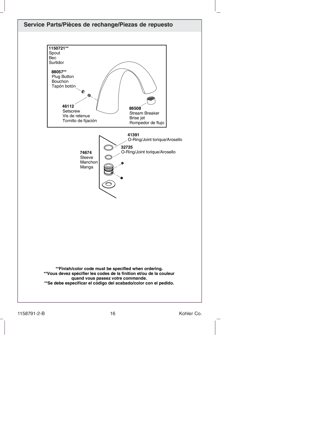 Kohler K-T 45115 manual Service Parts/Pièces de rechange/Piezas de repuesto 