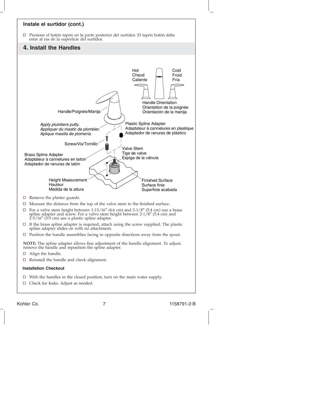 Kohler K-T 45115 manual Install the Handles, Instale el surtidor, Installation Checkout 