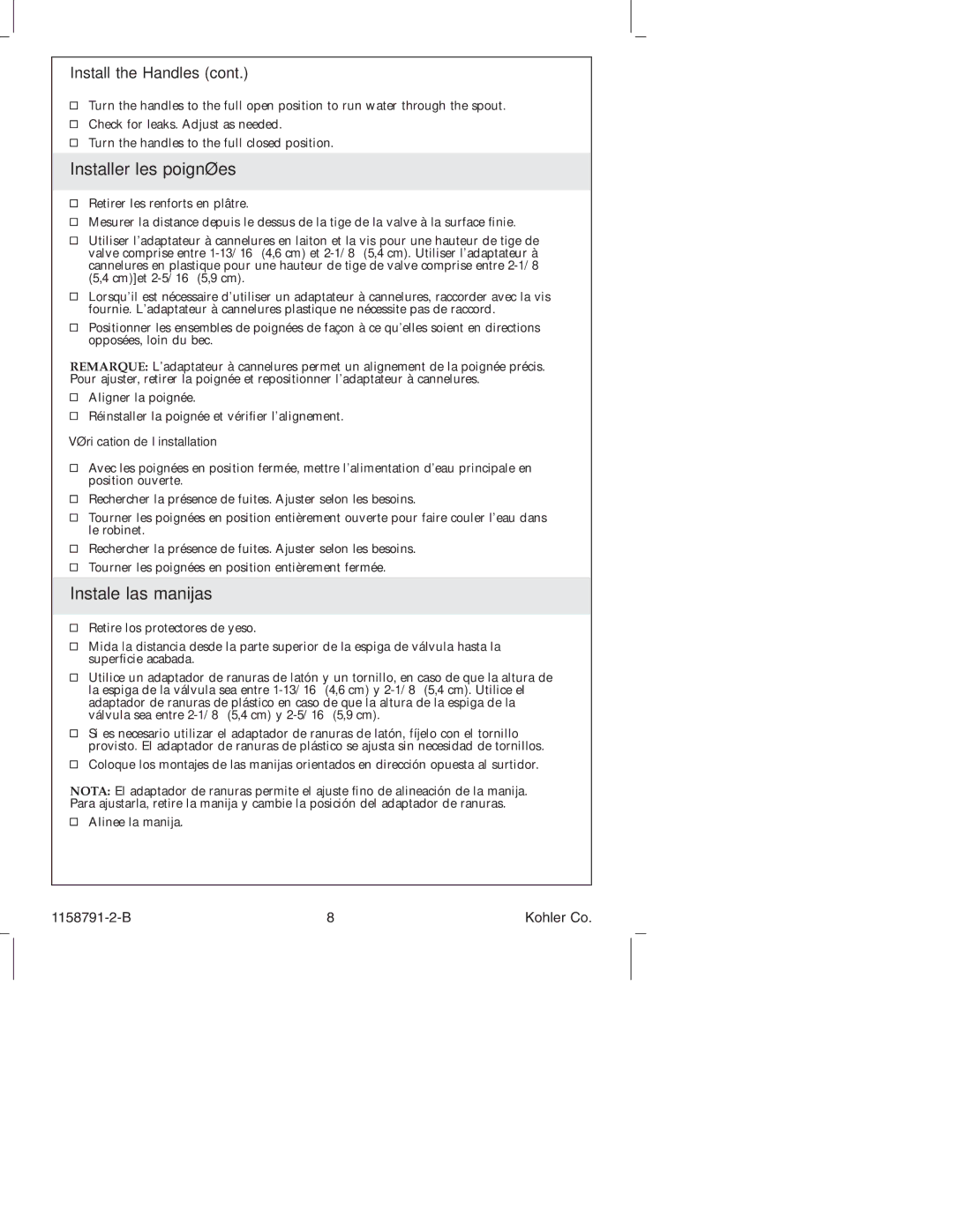 Kohler K-T 45115 manual Installer les poignées, Instale las manijas, Install the Handles, Vériﬁcation de l’installation 