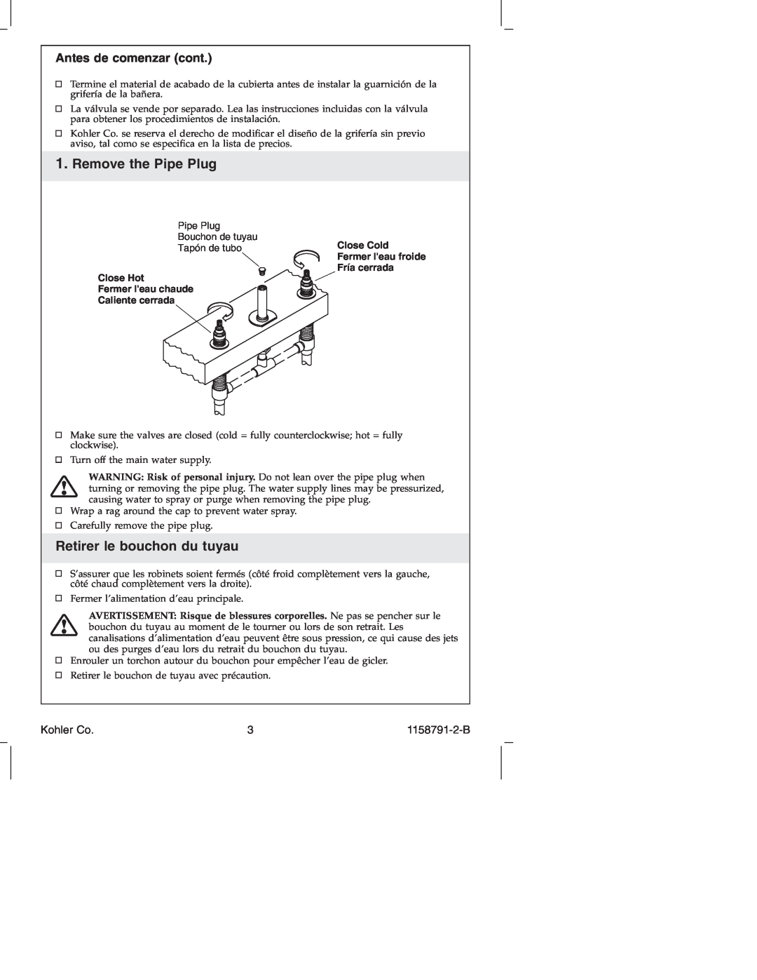 Kohler K-T 45115 manual Remove the Pipe Plug, Retirer le bouchon du tuyau, Antes de comenzar cont, Kohler Co 