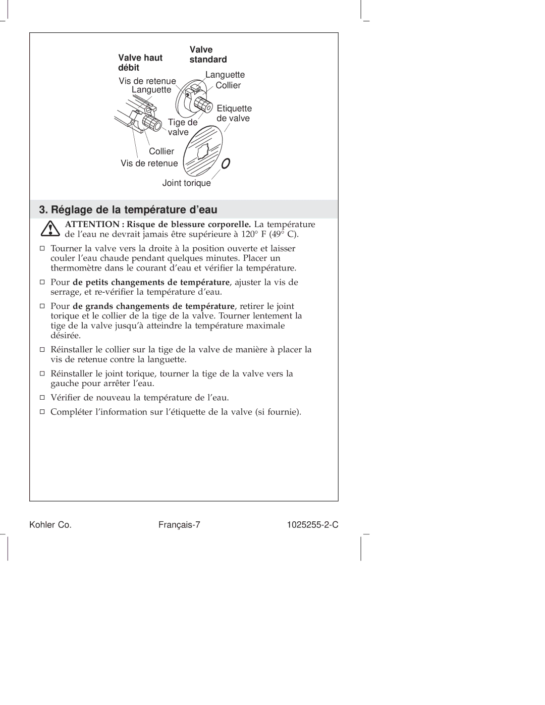 Kohler K-16213, K-T16115, K-T16116, K-T16139, K-T16113 manual Réglage de la température deau, Valve Valve haut standard débit 