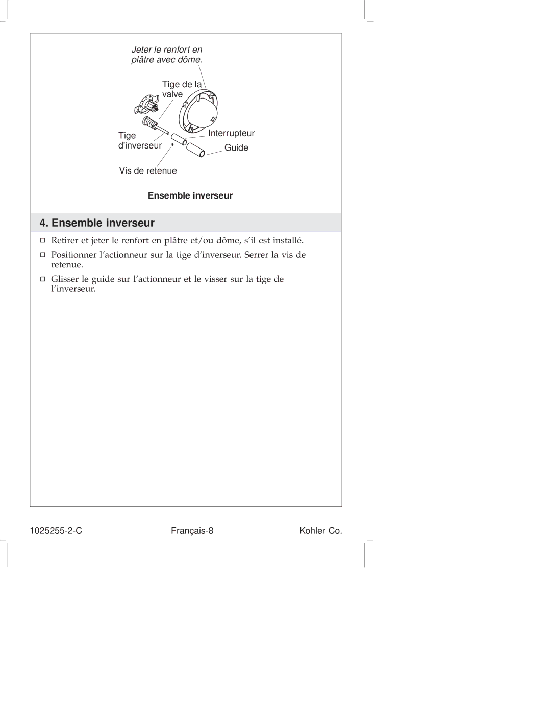 Kohler K-T16115, K-T16116, K-T16139, K-T16113, K-T16117, K-T16114, K-16217, K-16214, K-16213 manual Ensemble inverseur 