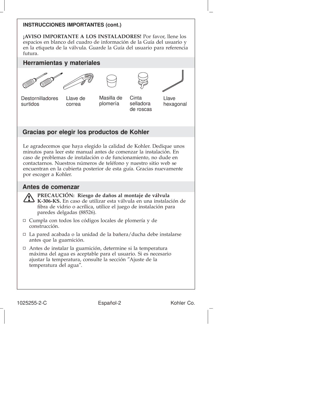 Kohler K-T16117, K-T16115, K-16217 Herramientas y materiales, Gracias por elegir los productos de Kohler, Antes de comenzar 
