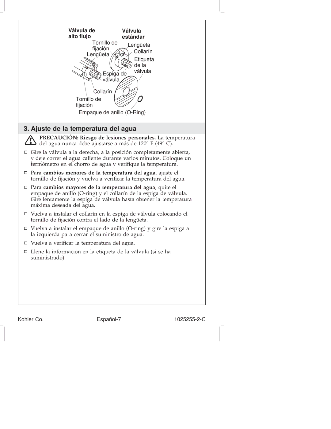Kohler K-T16115, K-T16116, K-T16139, K-T16113, K-T16117 Ajuste de la temperatura del agua, Válvula de Alto flujo Estándar 