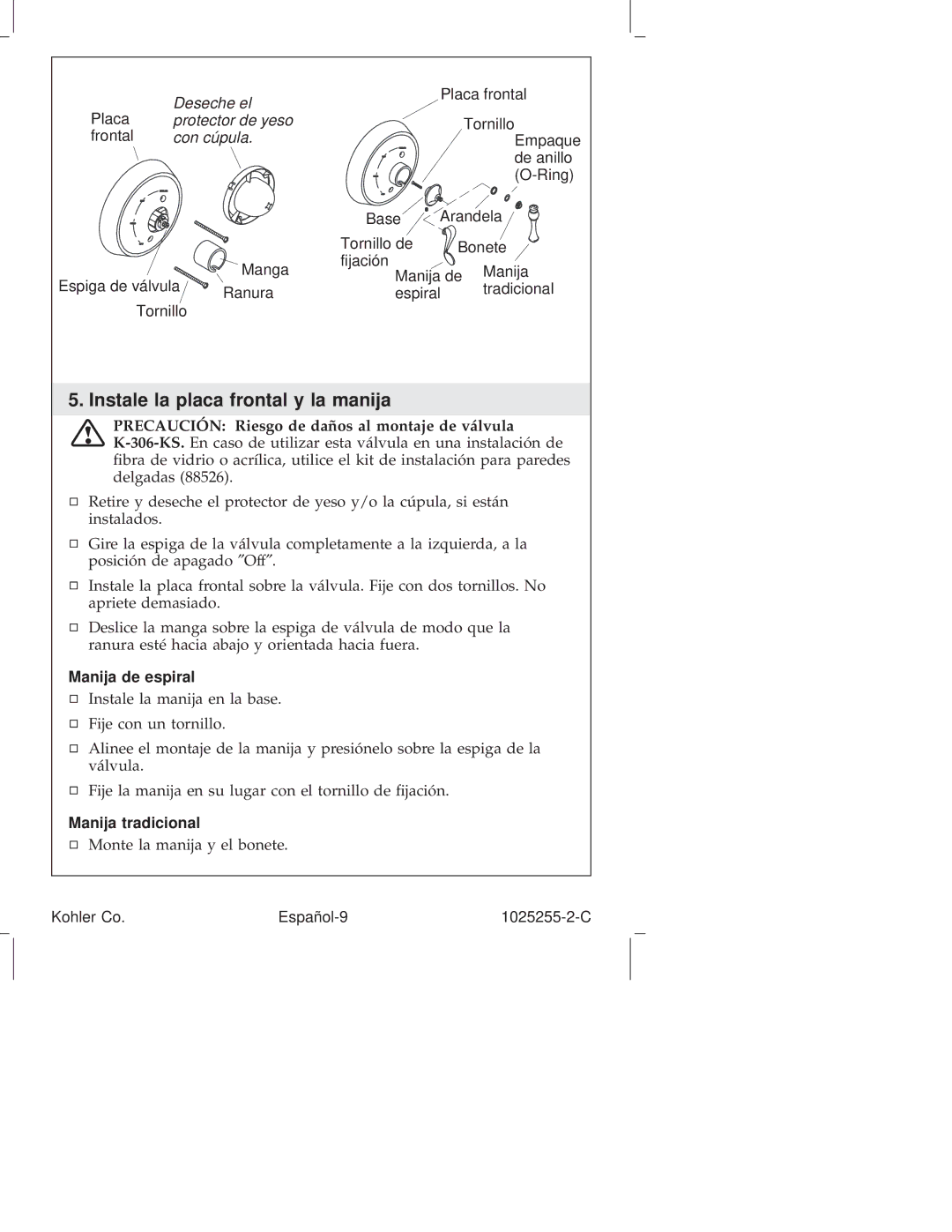 Kohler K-T16139, K-T16115, K-T16116, K-T16113 Instale la placa frontal y la manija, Manija de espiral, Manija tradicional 