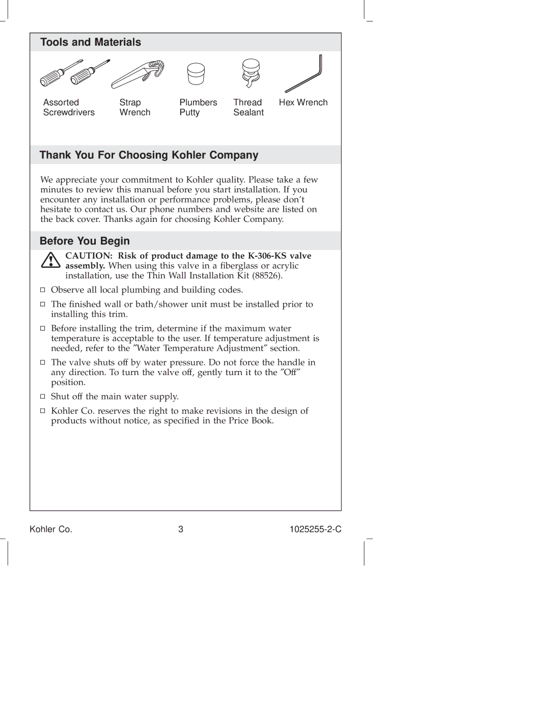 Kohler K-T16113, K-T16115, K-T16116, K-T16139 Tools and Materials, Thank You For Choosing Kohler Company, Before You Begin 
