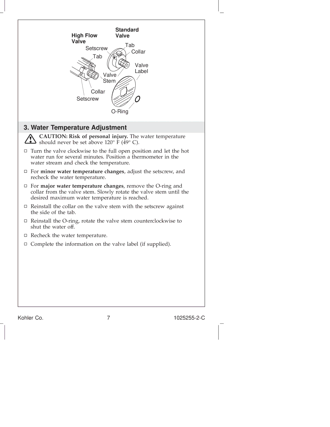 Kohler K-16214, K-T16115, K-T16116, K-T16139, K-T16113, K-T16117 manual Water Temperature Adjustment, Standard High Flow Valve 