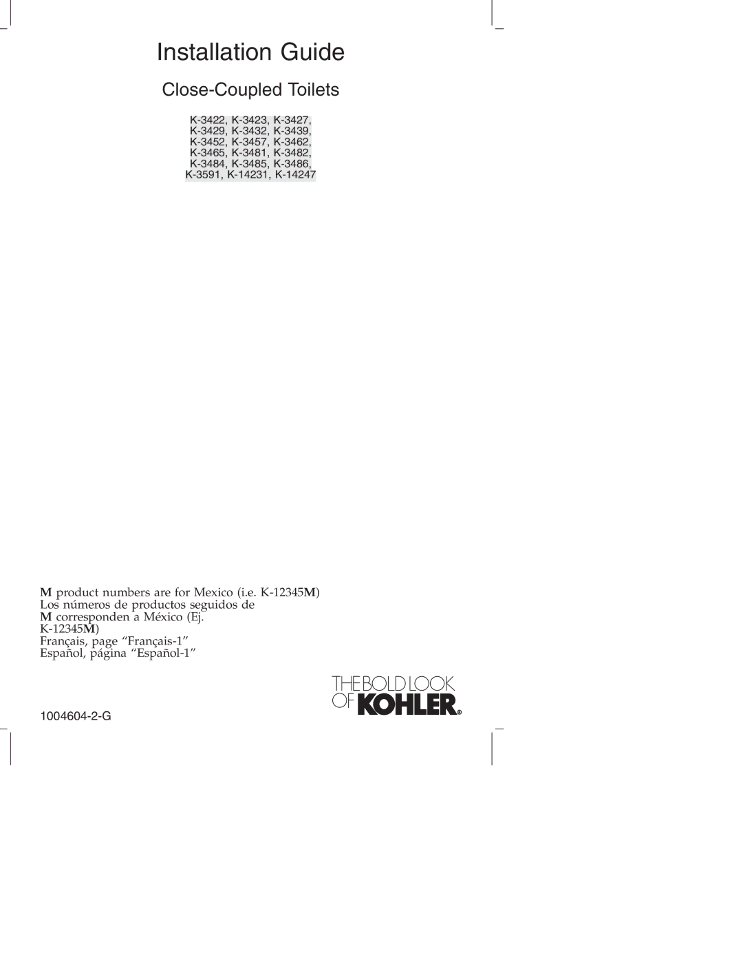 Kohler K3429, K3427, K3428, K3423, K3422 manual Installation Guide 