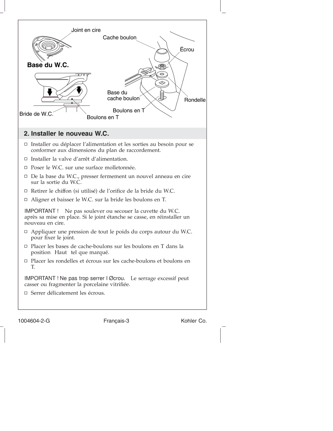 Kohler K3427, K3429, K3428, K3423, K3422 manual Installer le nouveau W.C 