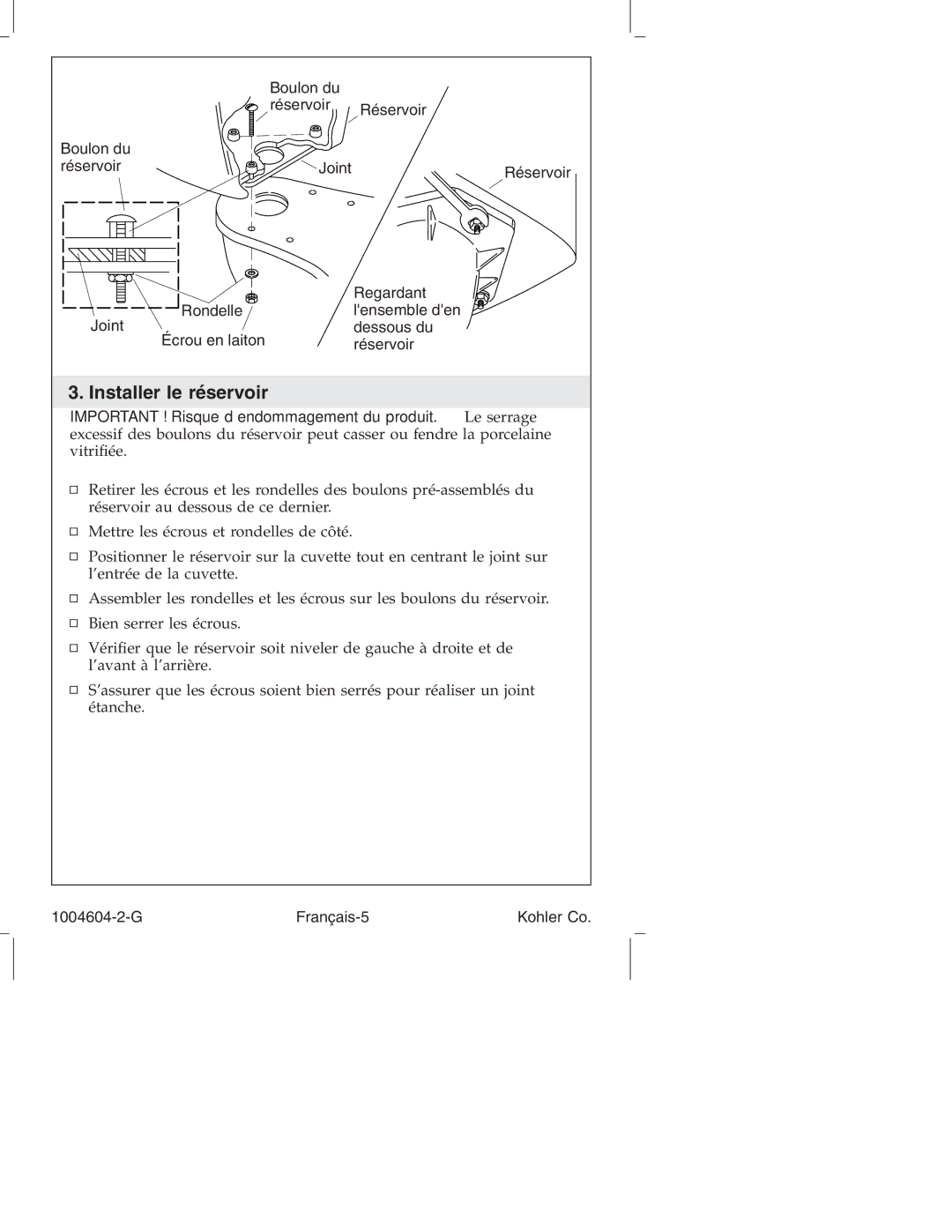 Kohler K3428, K3427, K3429, K3423, K3422 manual Installer le réservoir, G Français-5 Kohler Co 