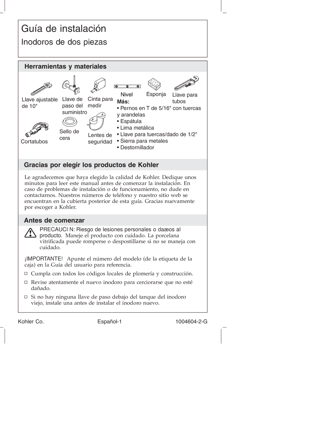 Kohler K3422, K3427, K3429, K3428, K3423 manual Gracias por elegir los productos de Kohler, Antes de comenzar, Más 