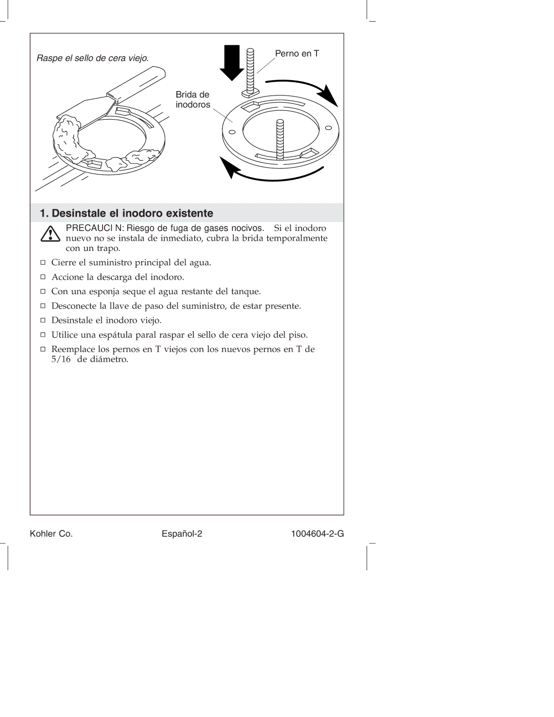 Kohler K3427, K3429, K3428, K3423, K3422 manual Desinstale el inodoro existente 