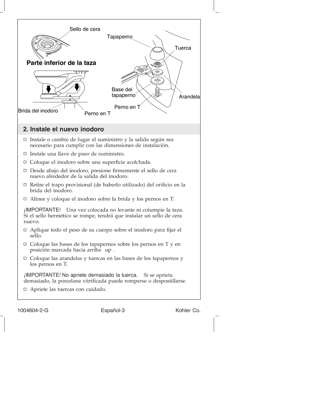 Kohler K3429, K3427, K3428, K3423, K3422 manual Instale el nuevo inodoro 