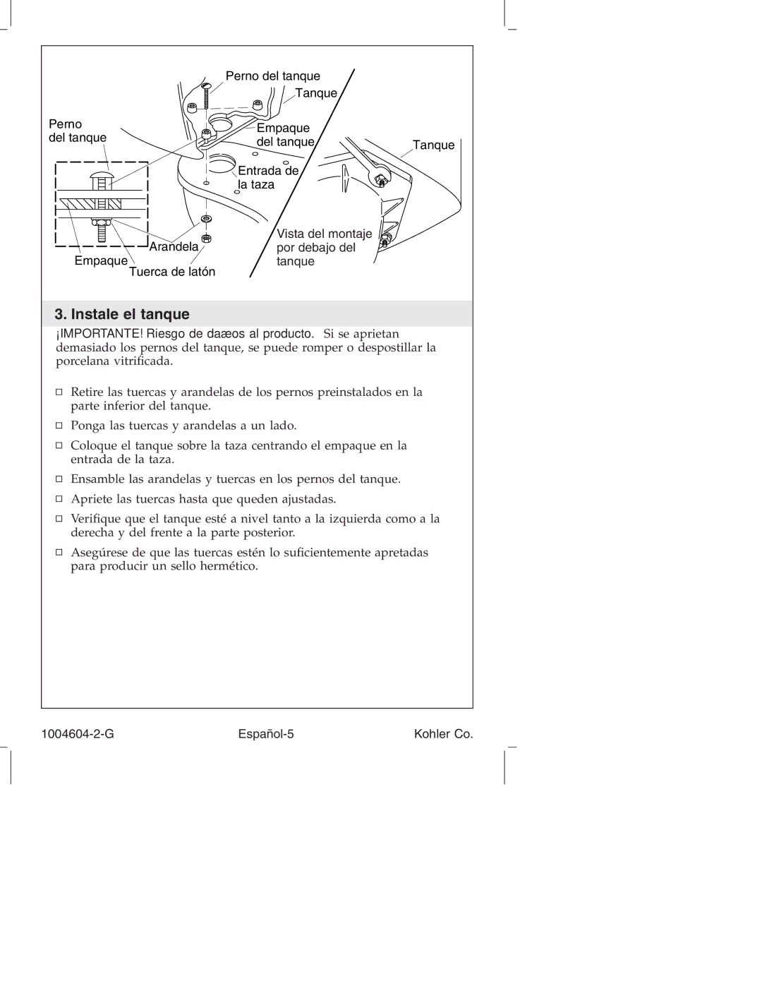 Kohler K3423, K3427, K3429, K3428, K3422 manual Instale el tanque, G Español-5 Kohler Co 