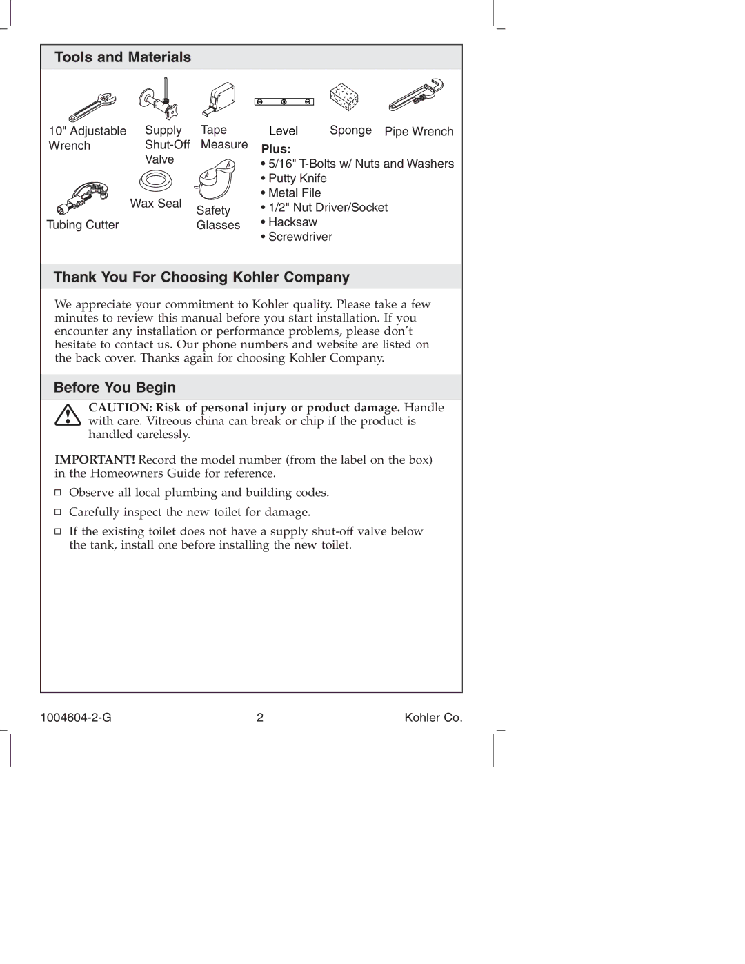 Kohler K3428, K3427, K3429, K3423, K3422 Tools and Materials, Thank You For Choosing Kohler Company, Before You Begin, Plus 