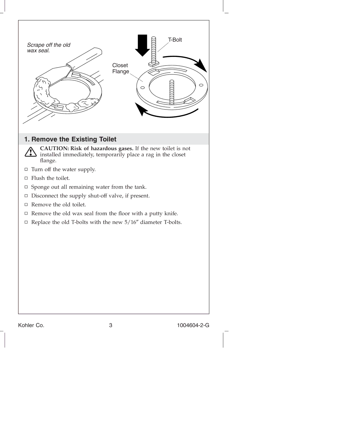 Kohler K3423, K3427, K3429, K3428, K3422 manual Remove the Existing Toilet 