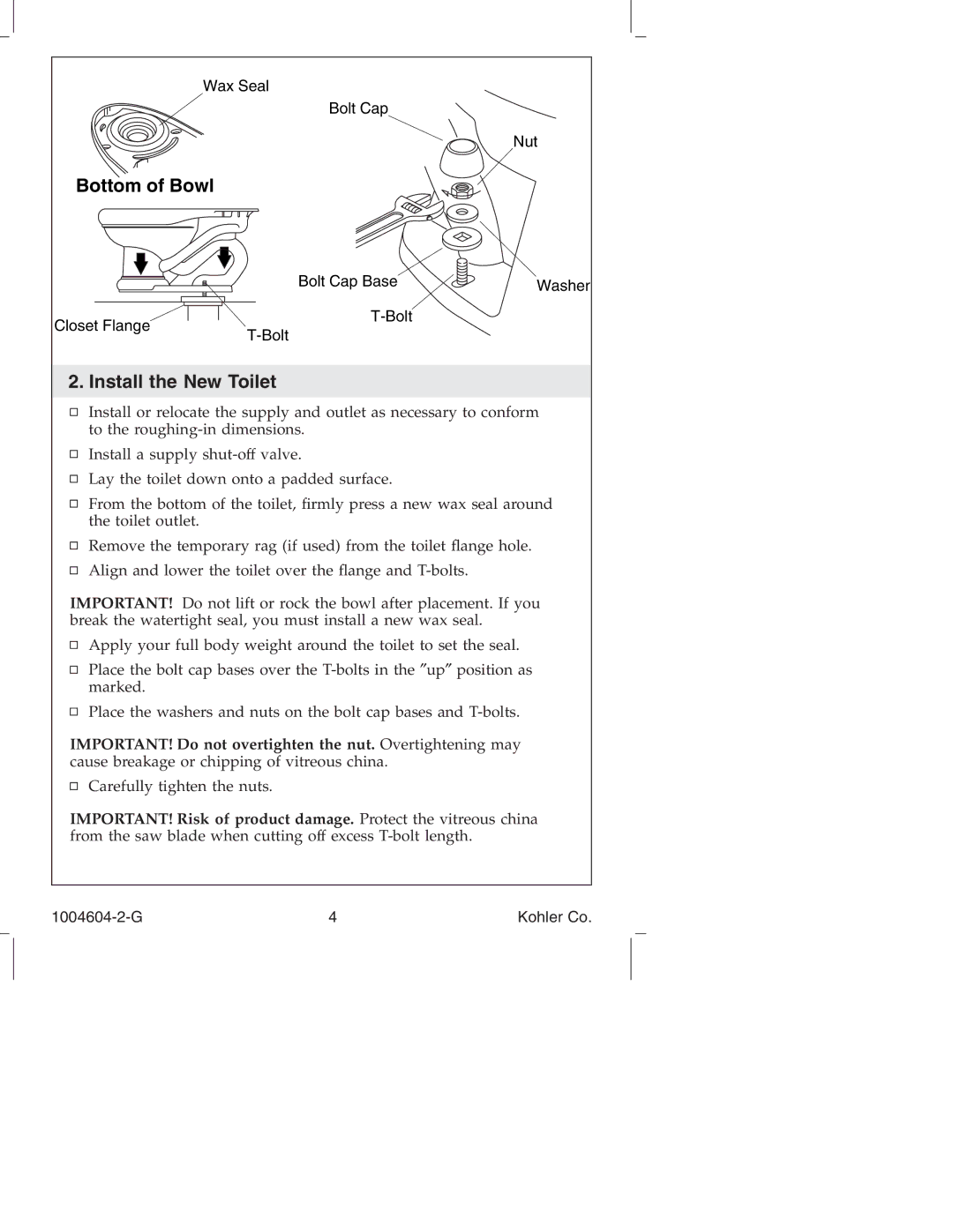 Kohler K3422, K3427, K3429, K3428, K3423 manual Install the New Toilet 