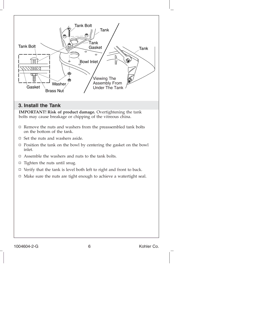 Kohler K3429, K3427, K3428, K3423, K3422 manual Install the Tank 