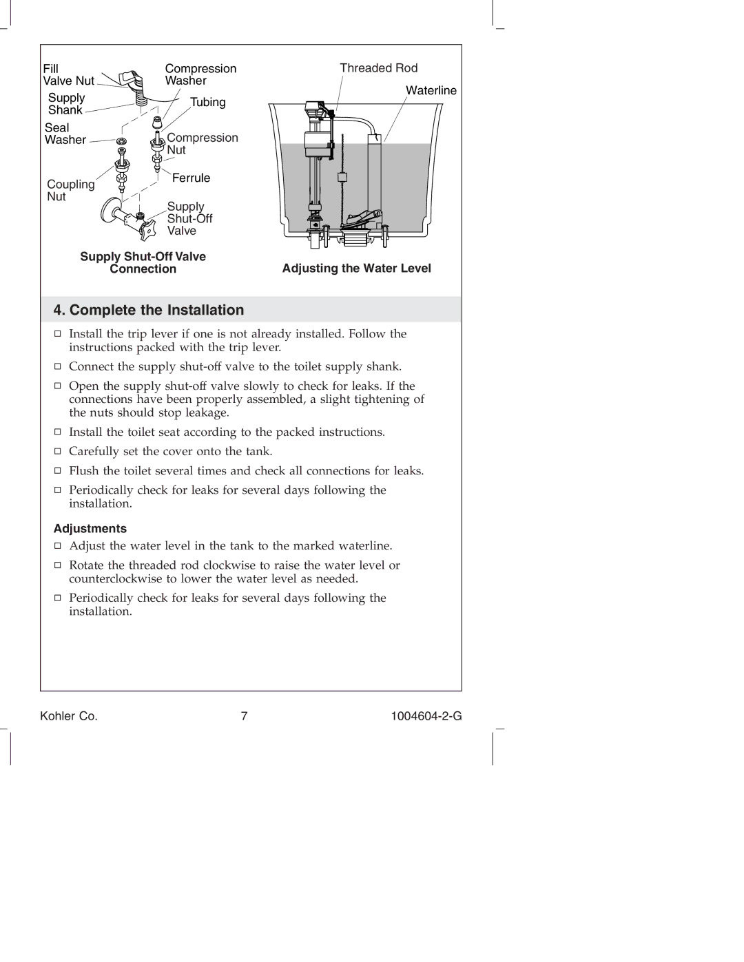 Kohler K3428, K3427 Complete the Installation, Supply Shut-Off Valve Adjusting the Water Level Connection, Adjustments 