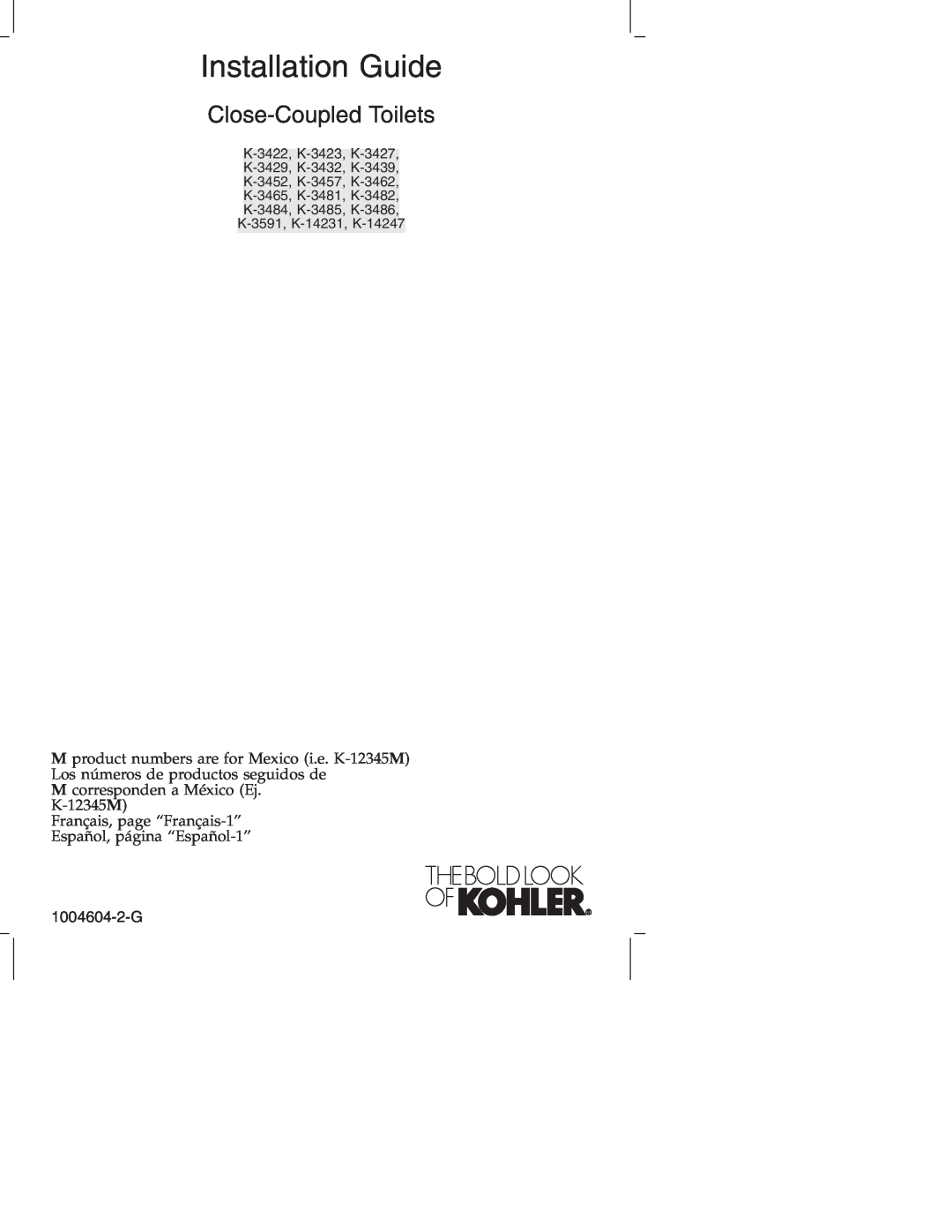 Kohler K3429, K3427, K3428, K3423, K3422 manual Close-CoupledToilets, Installation Guide 