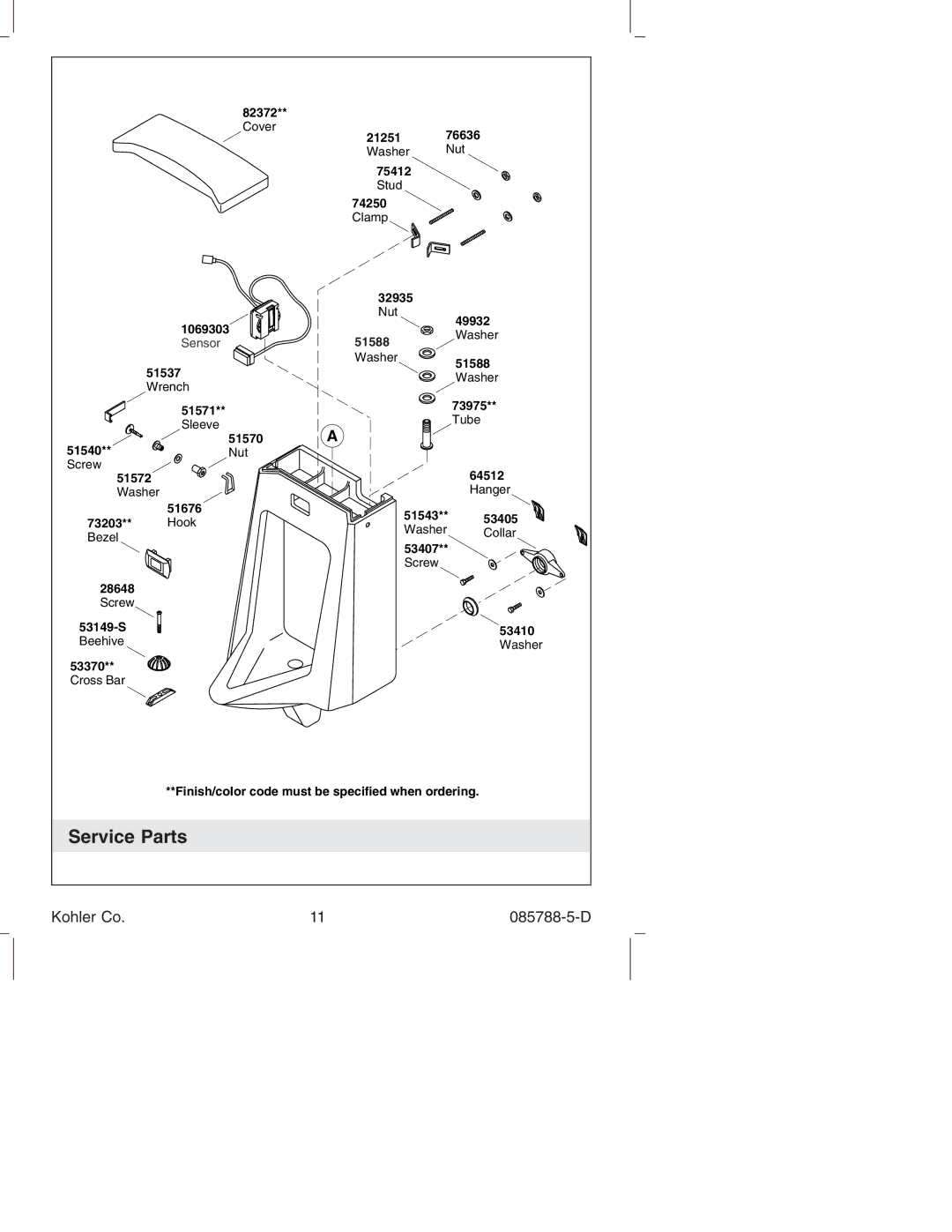 Kohler K4915 manual Service Parts, 51588 