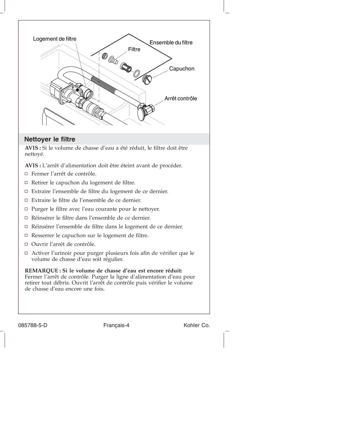 Kohler K4915 manual Nettoyer le ﬁltre 