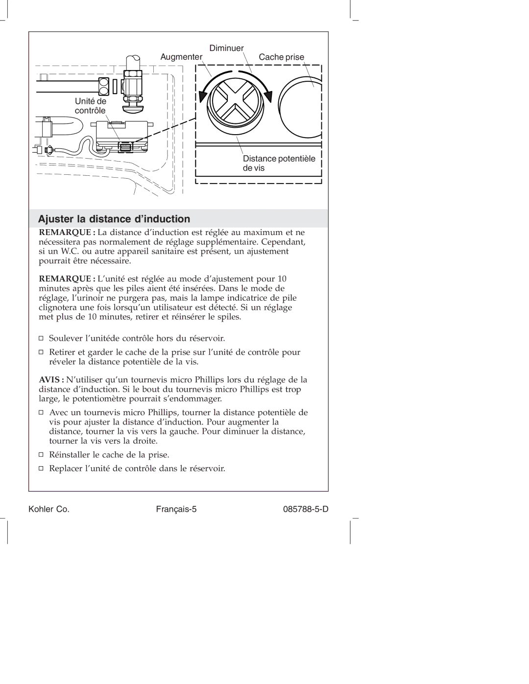 Kohler K4915 manual Ajuster la distance d’induction 