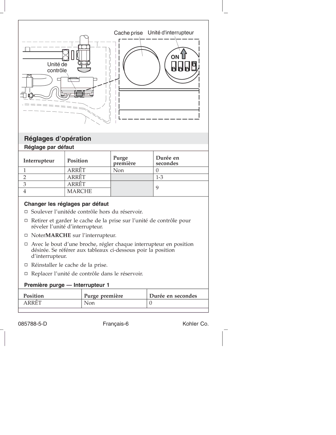 Kohler K4915 manual Réglages d’opération, Réglage par défaut, Changer les réglages par défaut, Première purge Interrupteur 