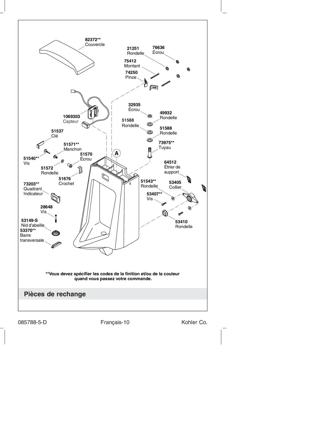 Kohler K4915 manual Pièces de rechange, D Français-10 Kohler Co 