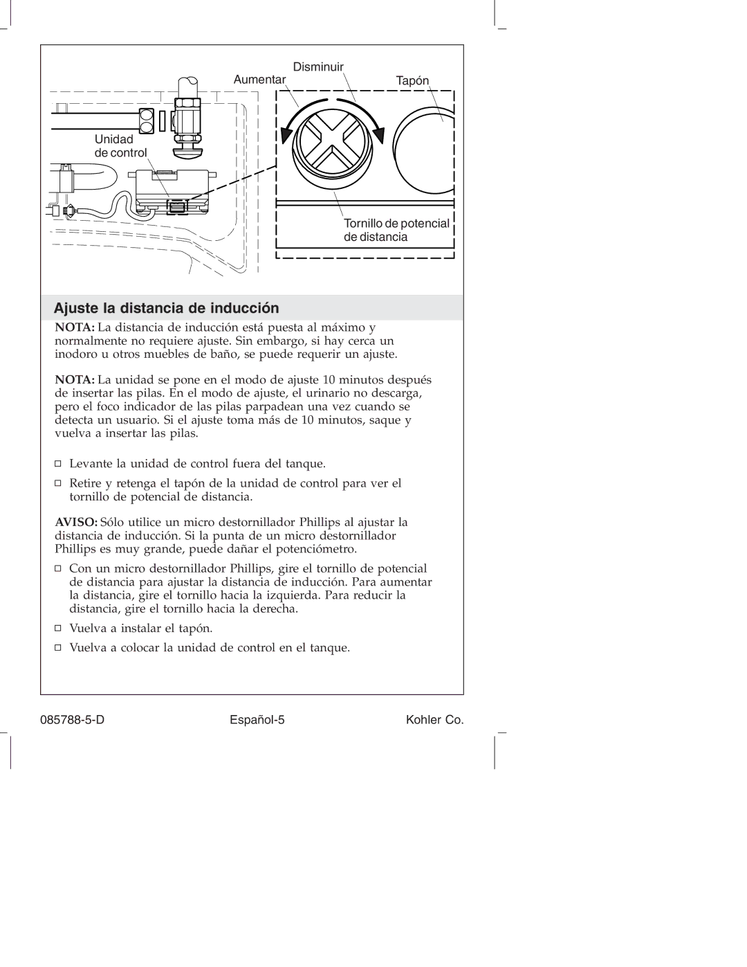 Kohler K4915 manual Ajuste la distancia de inducción 