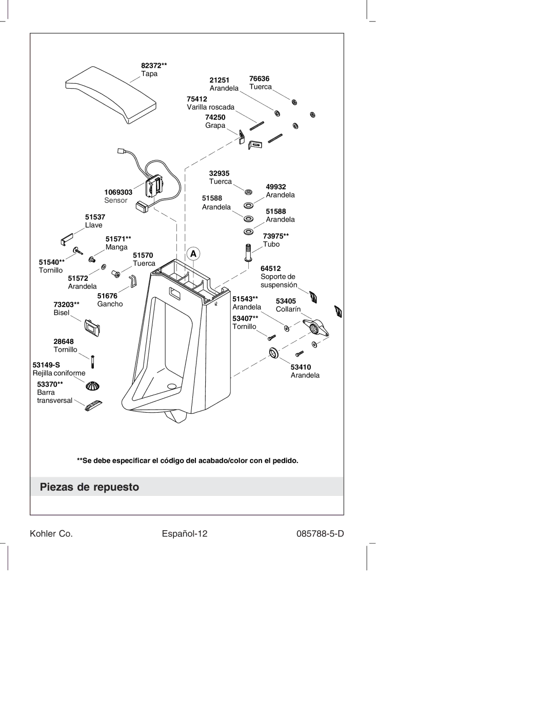 Kohler K4915 manual Piezas de repuesto, Kohler Co Español-12 085788-5-D 