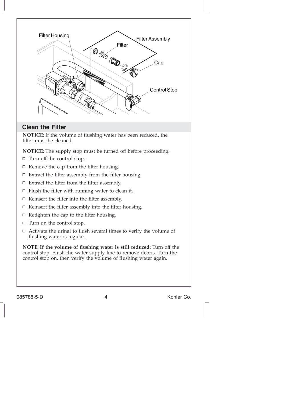 Kohler K4915 manual Clean the Filter 