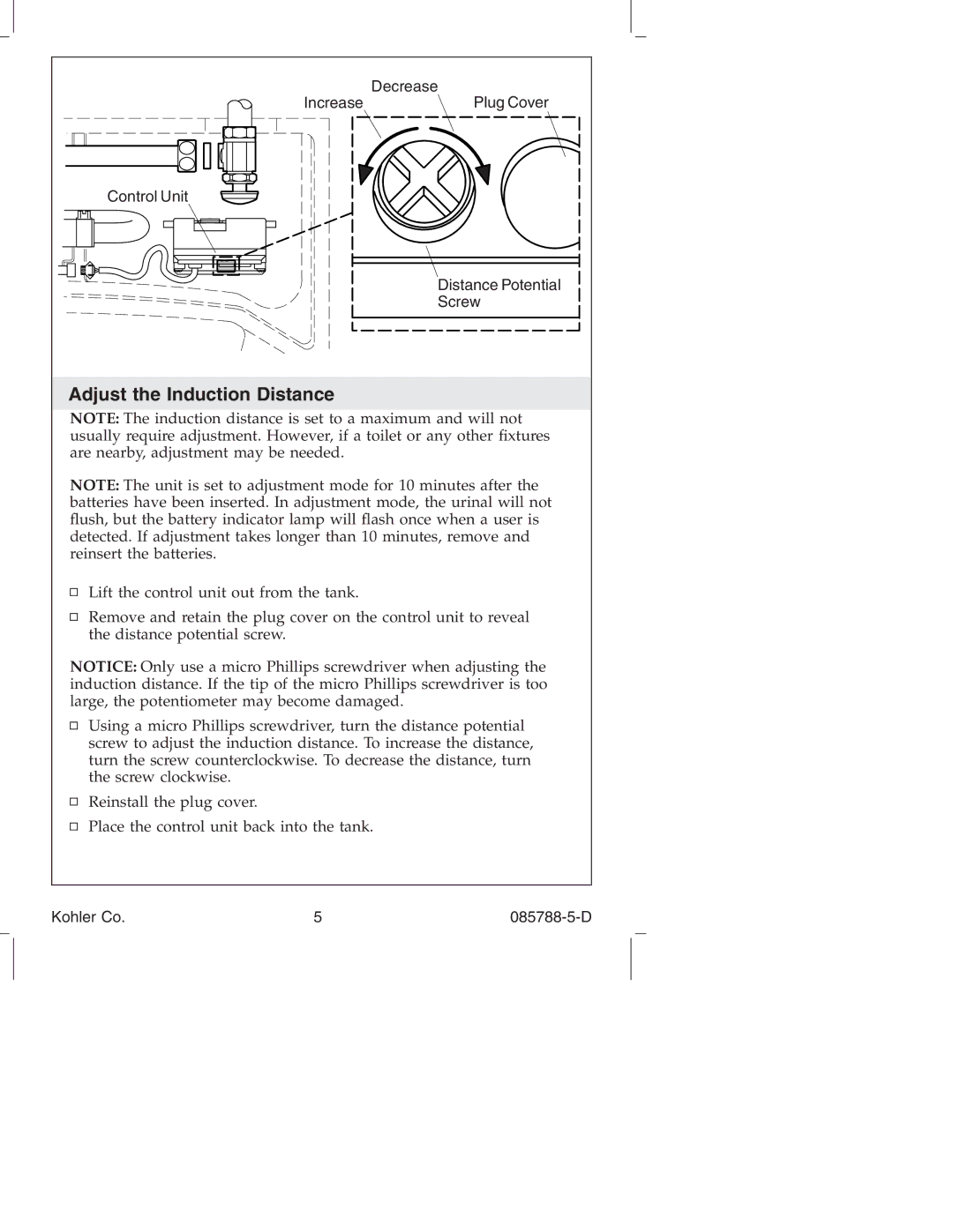 Kohler K4915 manual Adjust the Induction Distance 