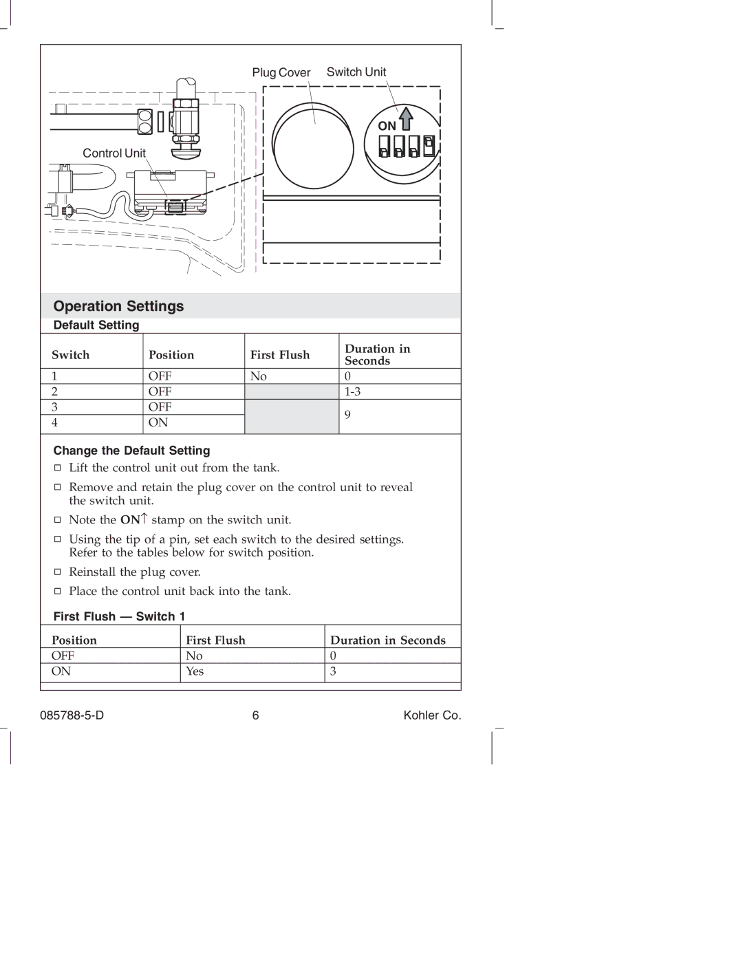 Kohler K4915 manual Operation Settings, Change the Default Setting, First Flush Switch 