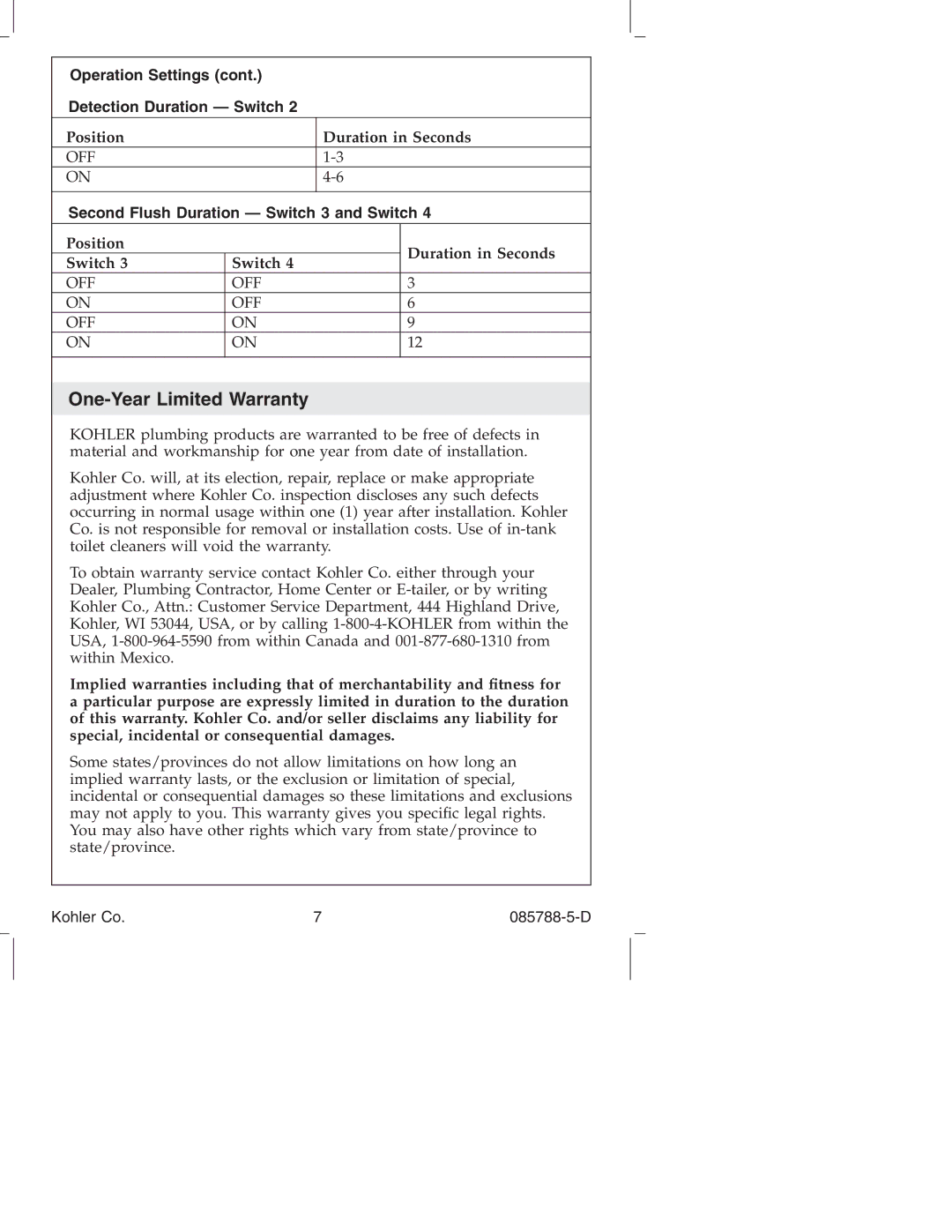 Kohler K4915 manual One-Year Limited Warranty, Operation Settings Detection Duration Switch, Position Duration in Seconds 