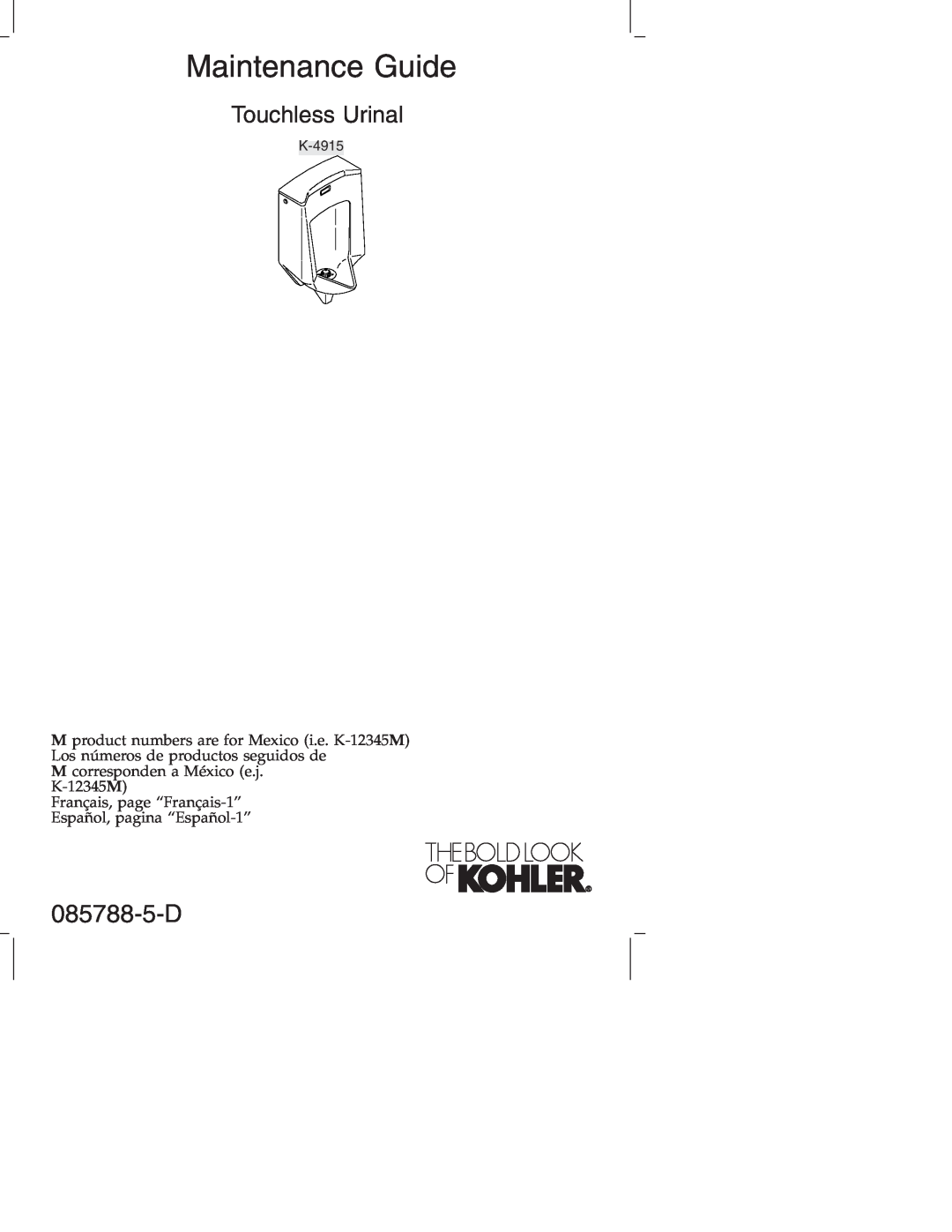 Kohler K4915 manual 085788-5-D, Maintenance Guide, Touchless Urinal 