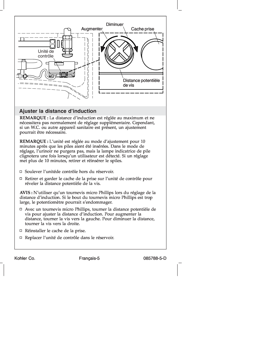 Kohler K4915 manual Ajuster la distance d’induction, Augmenter, Diminuer, Cache prise, Français-5, Kohler Co, 085788-5-D 