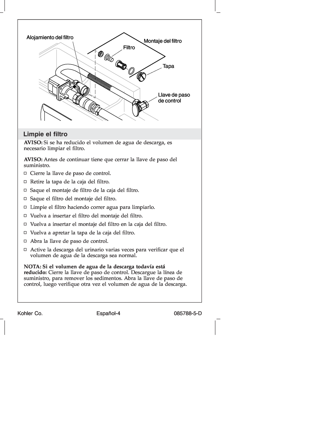 Kohler K4915 manual Limpie el ﬁltro, Español-4, Kohler Co, 085788-5-D 