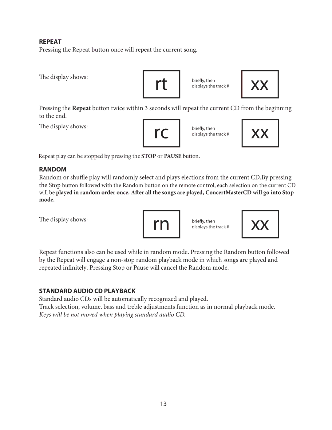 Kohler KD165 manual Repeat, Random, Standard Audio CD Playback 