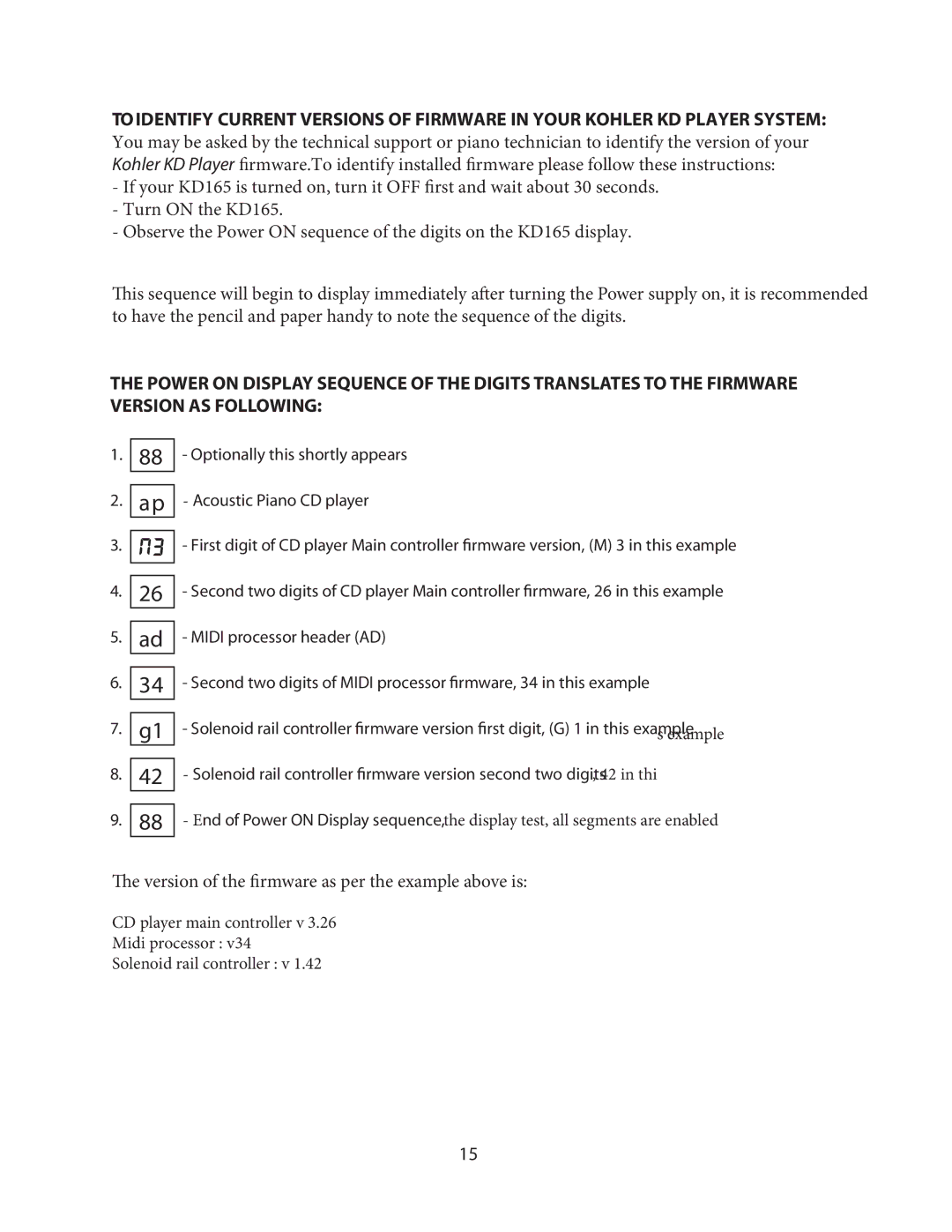 Kohler KD165 manual Version of the ﬁrmware as per the example above is 