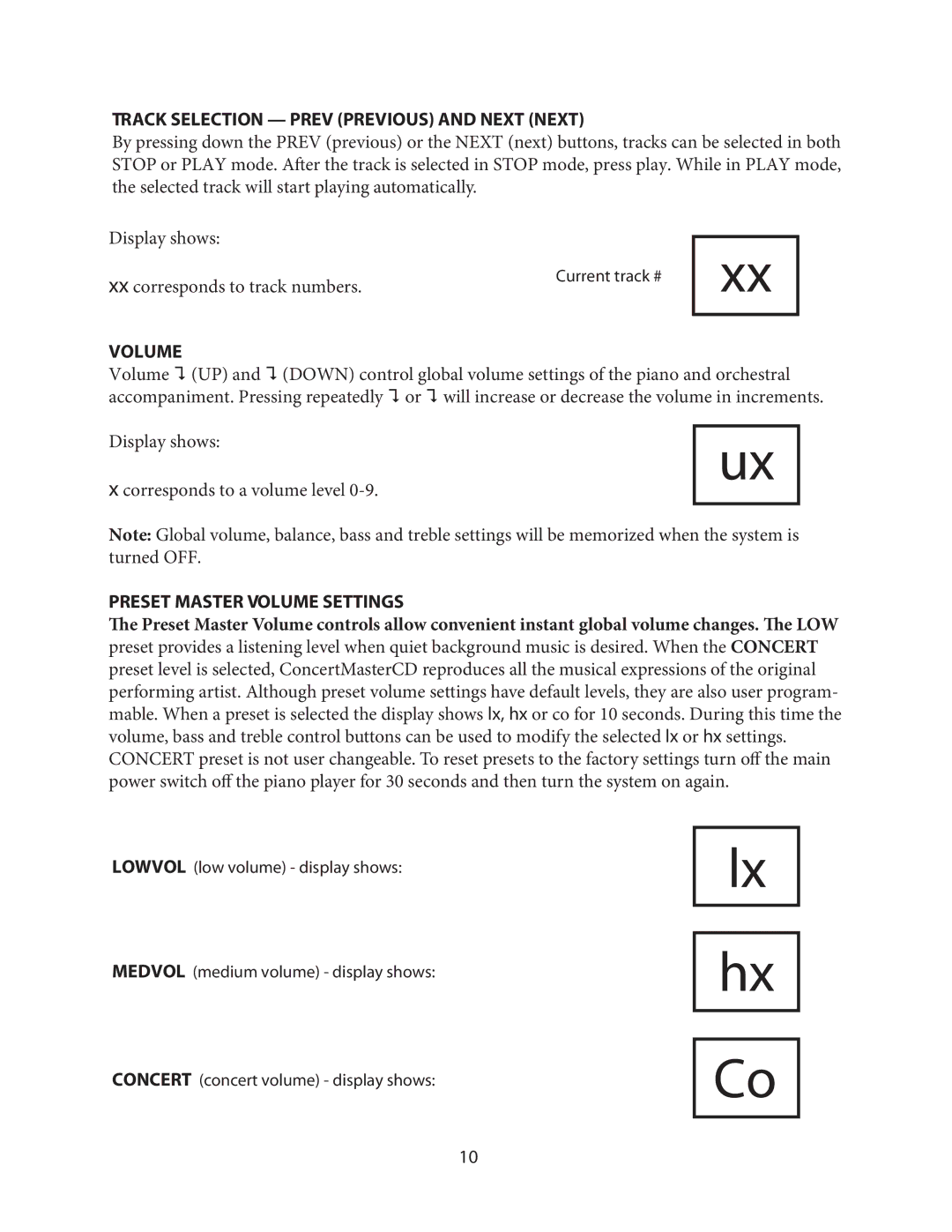 Kohler KD165 manual Track Selection Prev Previous and Next Next, Preset Master Volume Settings 