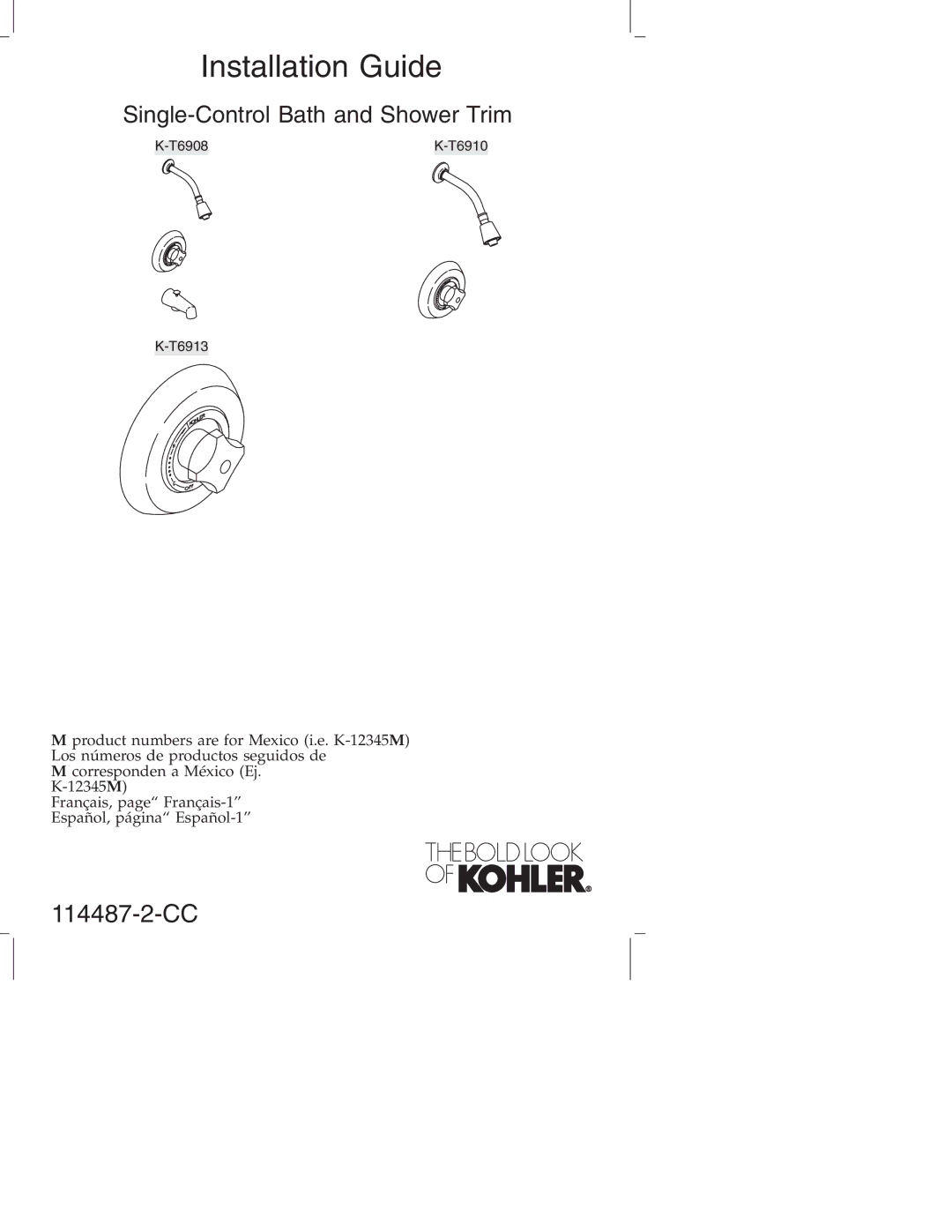 Kohler KT6910, KT6913, KT6908 manual Installation Guide 