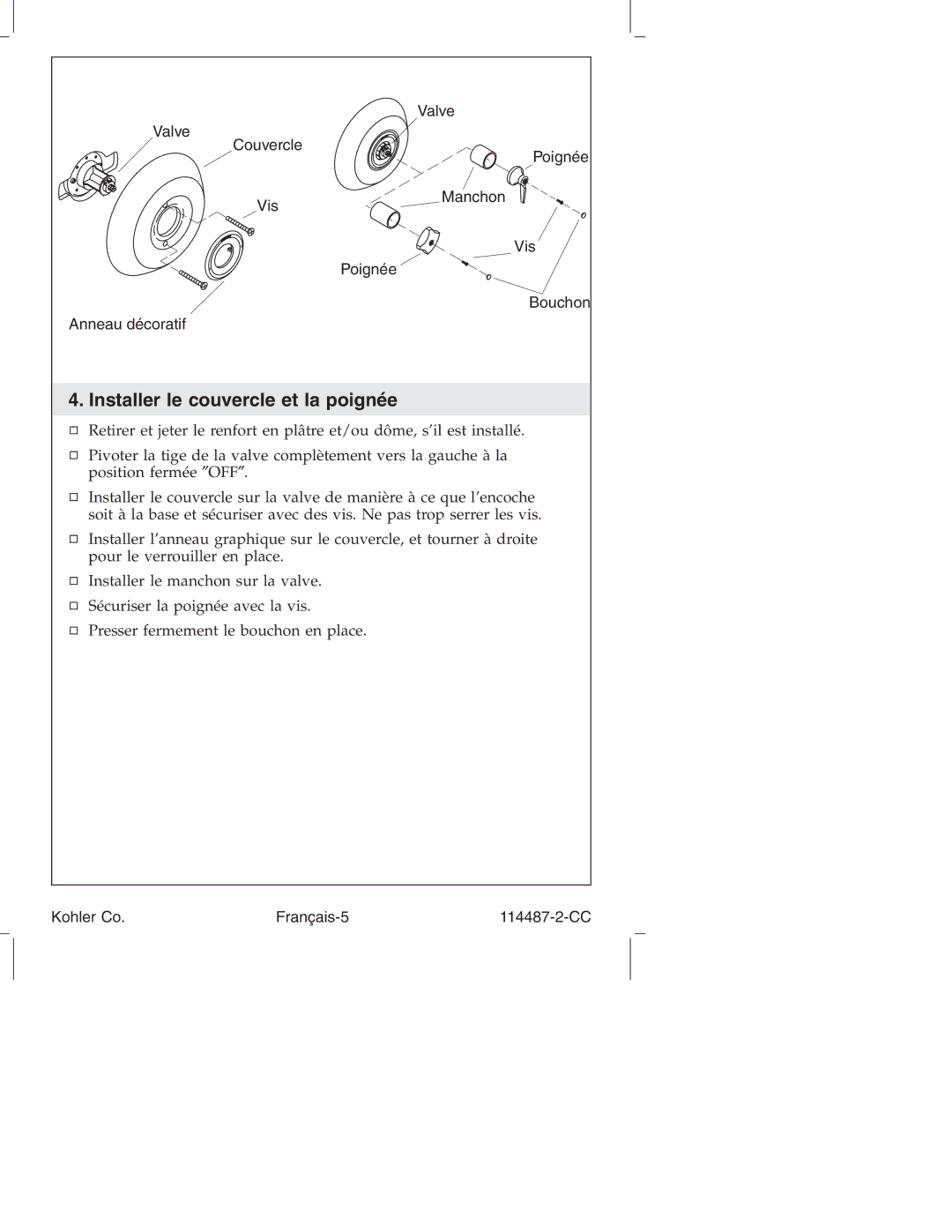 Kohler KT6908, KT6913, KT6910 manual Installer le couvercle et la poignée 