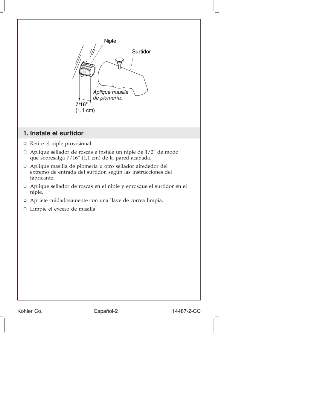 Kohler KT6910, KT6913, KT6908 manual Instale el surtidor 