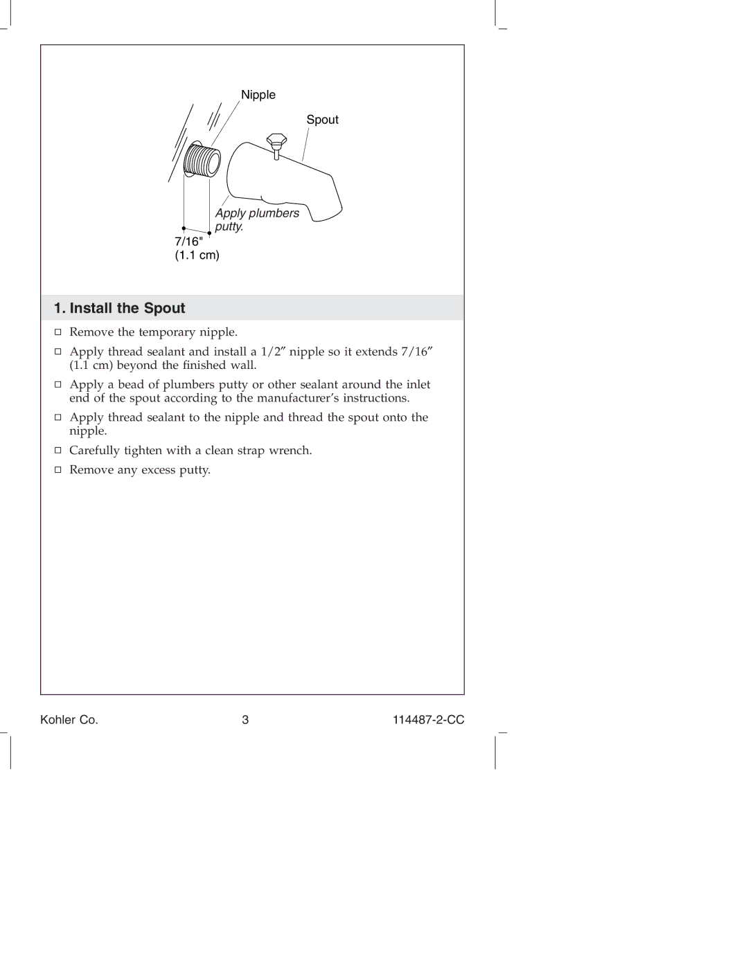 Kohler KT6913, KT6910, KT6908 manual Install the Spout 