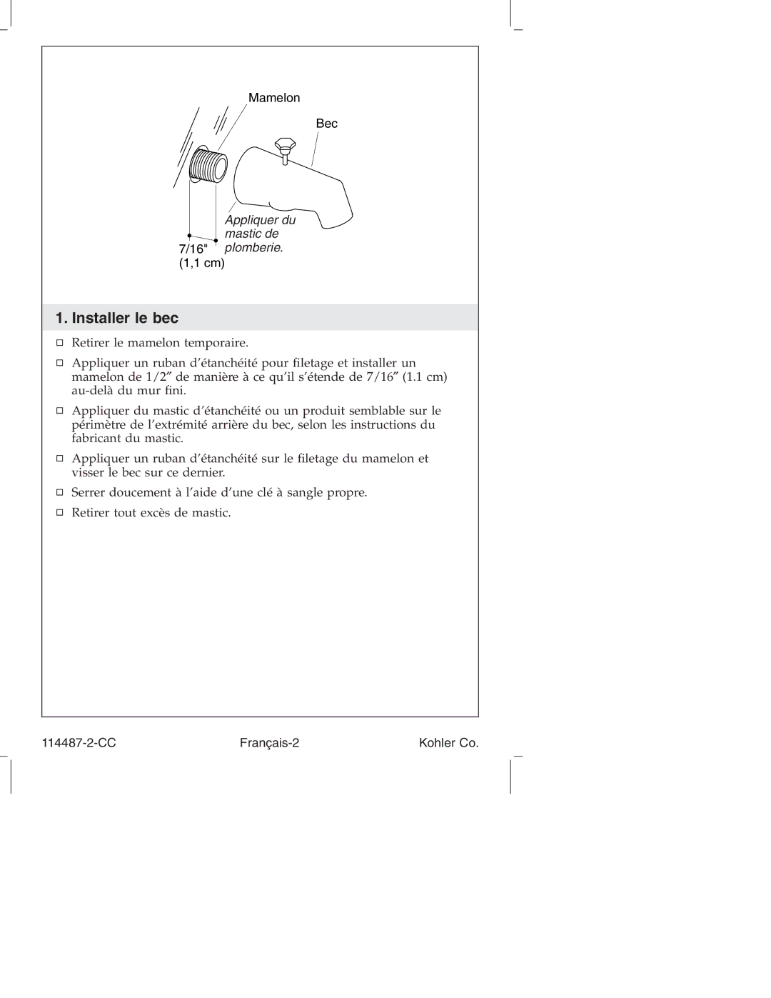 Kohler KT6908, KT6913, KT6910 manual Installer le bec 