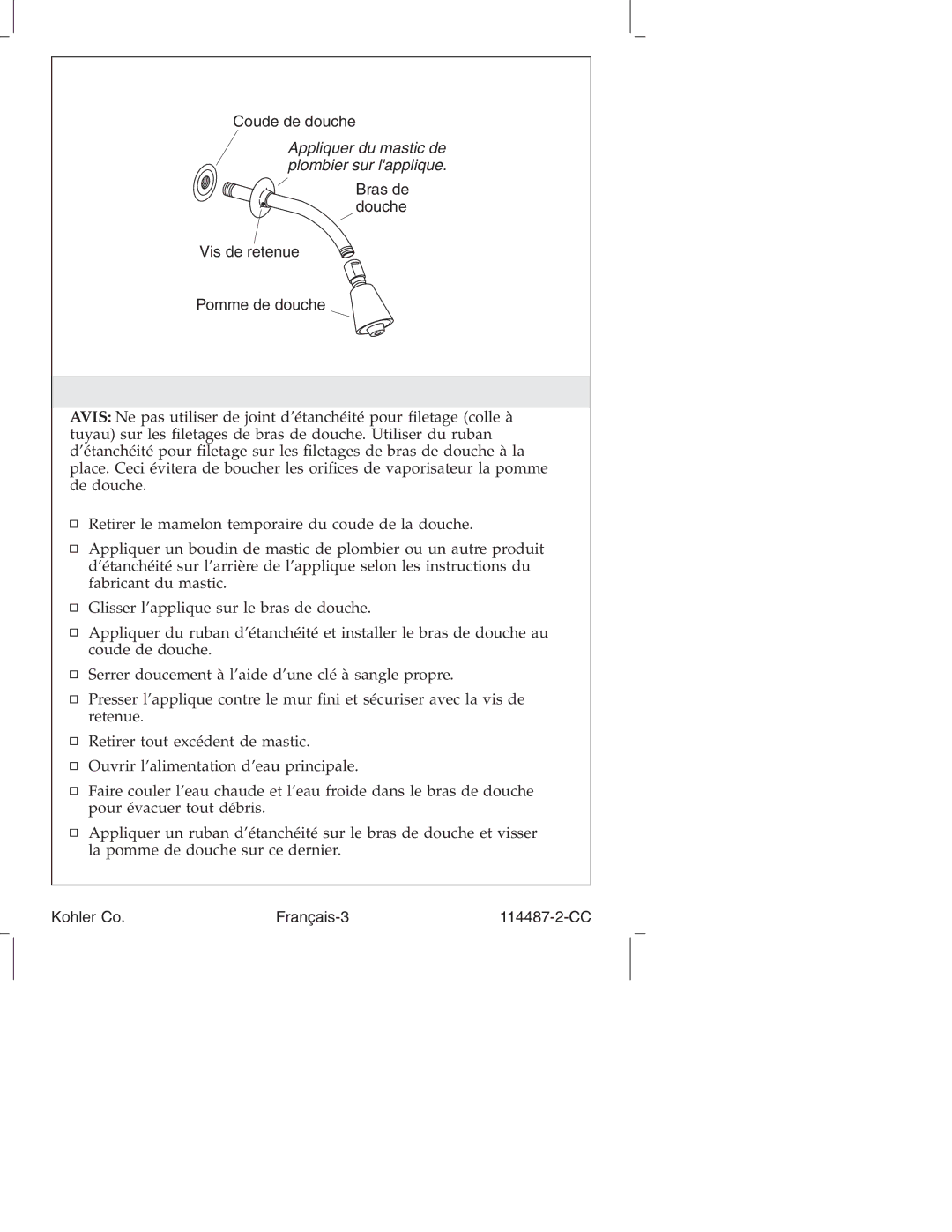 Kohler KT6913, KT6910, KT6908 manual Installer la pomme de douche 
