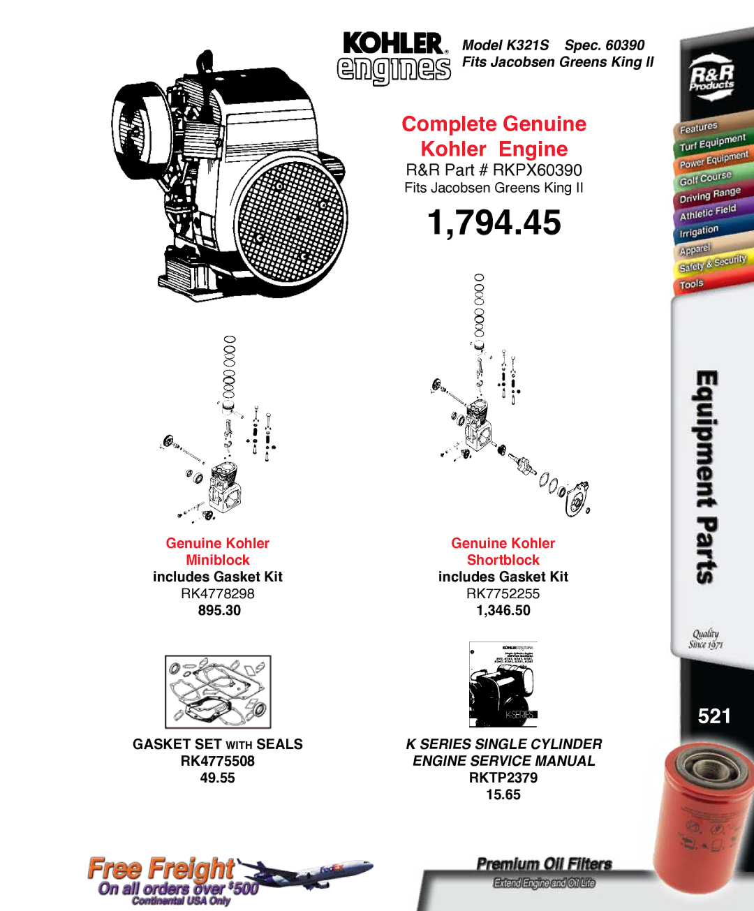 Kohler K321S, RKPX60390 service manual 794.45, 521 