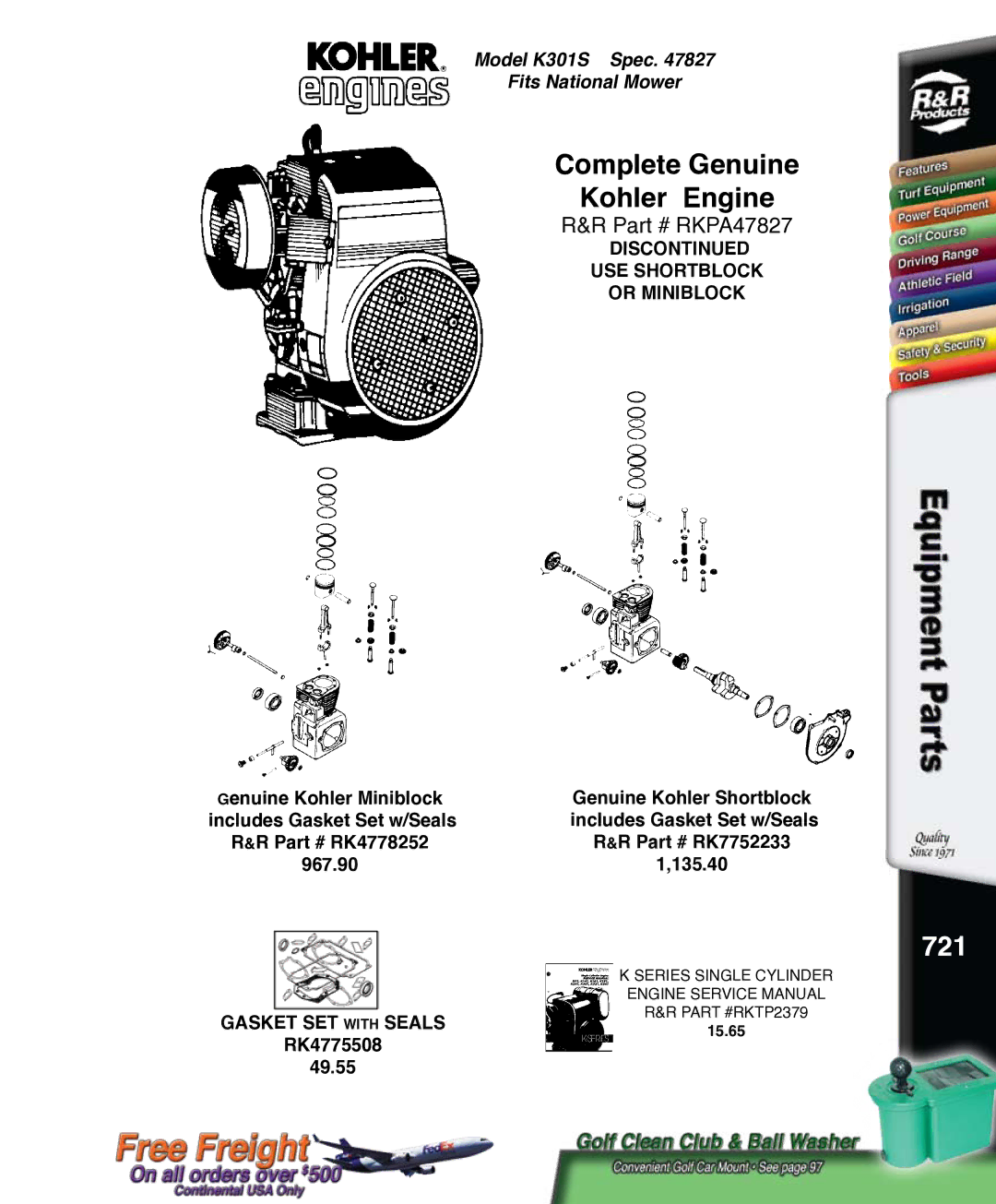 Kohler K321S, RKPX60390 service manual Complete Genuine Kohler Engine, 721 